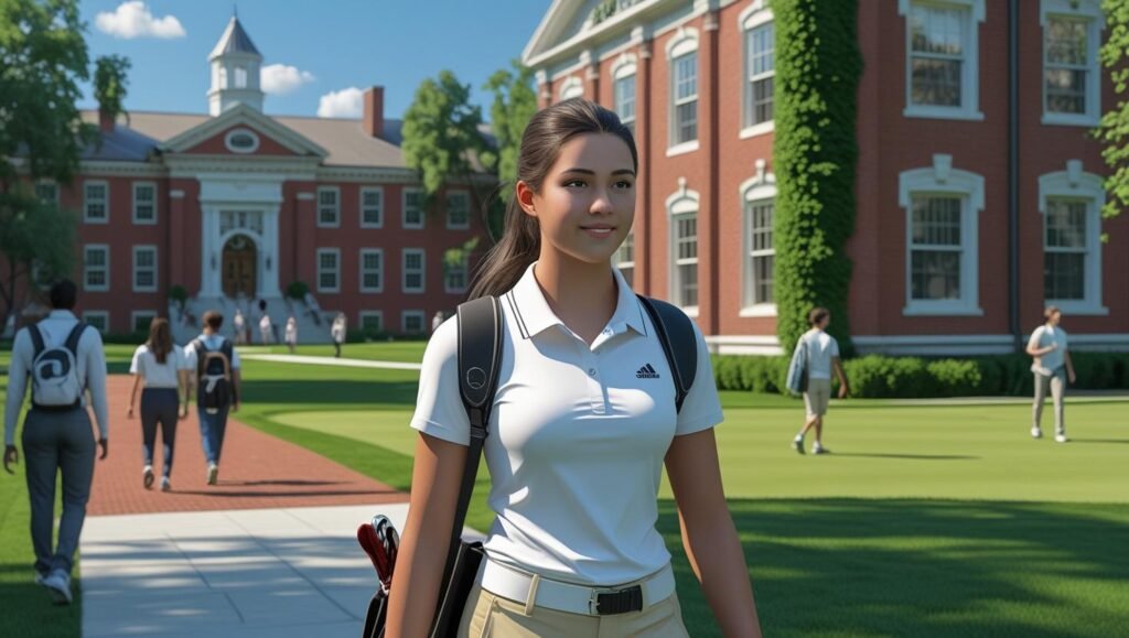 College golfer walking on campus and enjoying the campus life