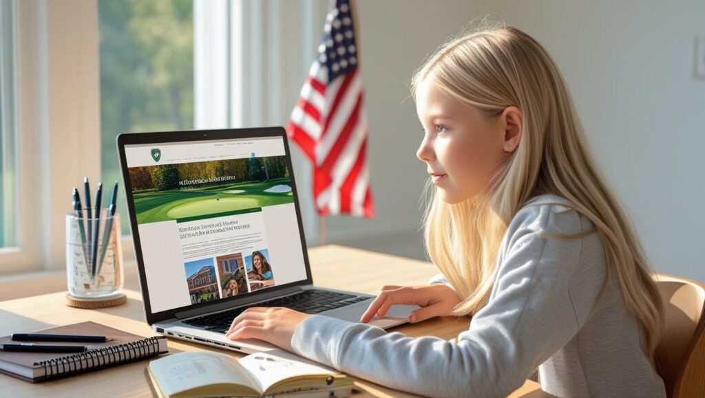 Young student researching college golf programs on a laptop with American flag in the background