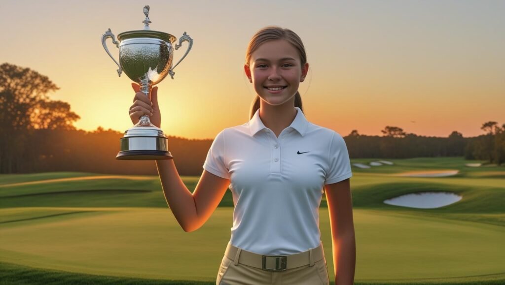 Smiling college golfer holding a championship trophy on the golf course at sunset