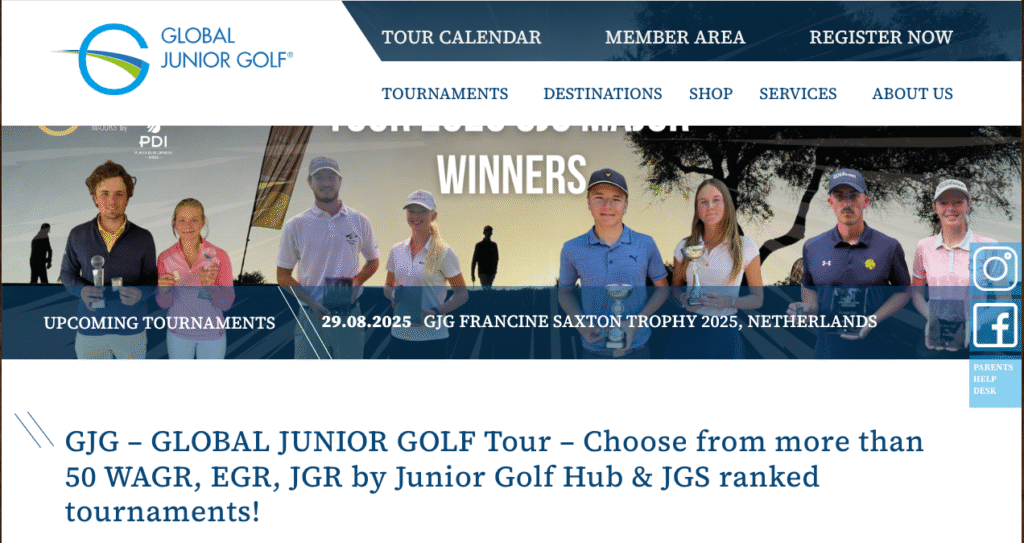 Screenshot of Global Junior Golf Tour website showing upcoming tournaments and junior winners with trophies, highlighting international events ranked by WAGR, EGR, and JGR.