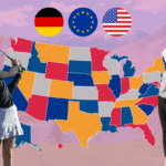 Two female golfers in swing positions next to a colorful USA map with German, EU, and US flags above