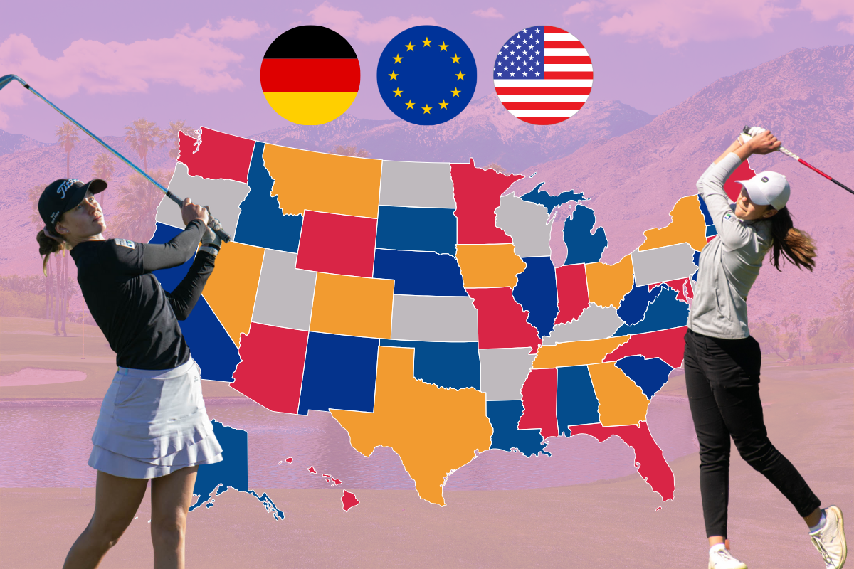 Two female golfers in swing positions next to a colorful USA map with German, EU, and US flags above