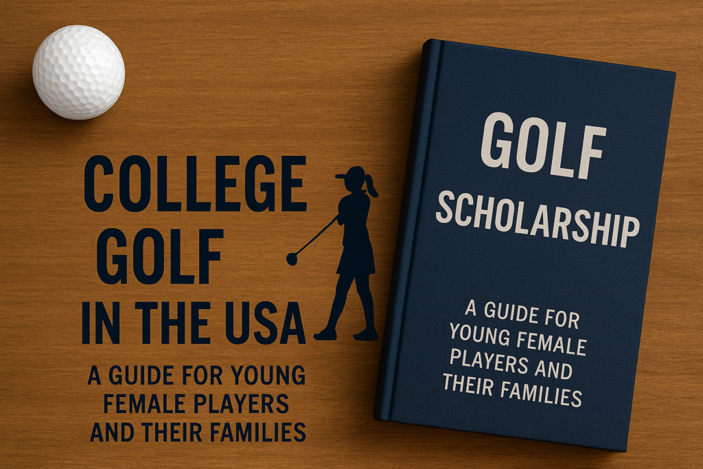 Book cover showing Golf Scholarship guide for young female players and their families about college golf in the USA