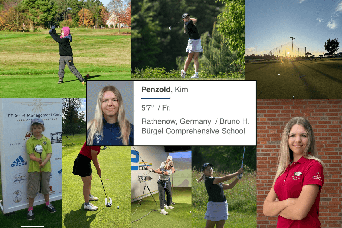 Collage of Kim Penzold’s golf journey, from junior tournaments in Germany to U.S. college golf.