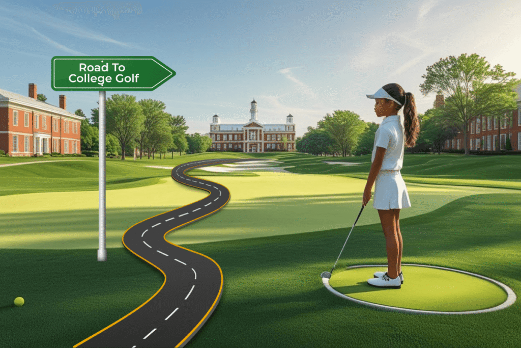 Illustration of a young female golfer standing on a golf course with a road leading to a college campus, symbolizing the road to college golf.