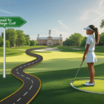 Illustration of a young female golfer standing on a golf course with a road leading to a college campus, symbolizing the road to college golf.