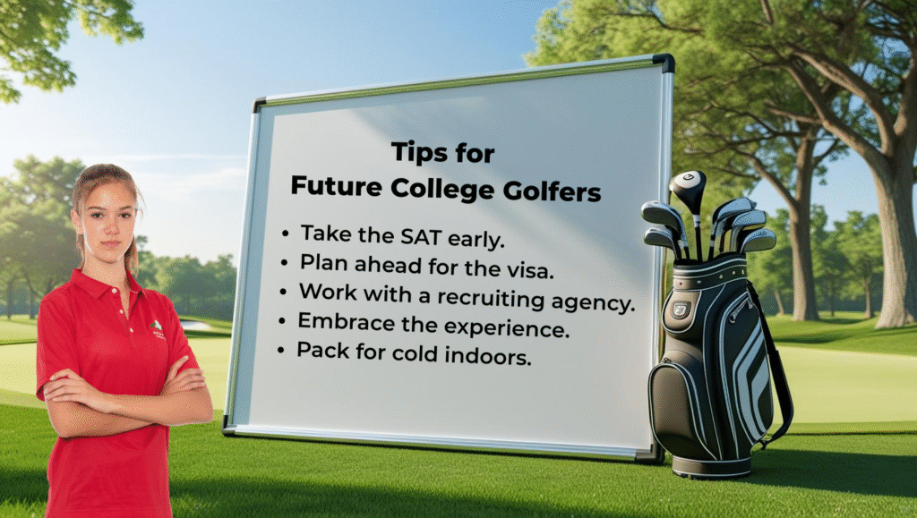 College golf student in red shirt next to a whiteboard with tips for future college golfers and golf bag on the course