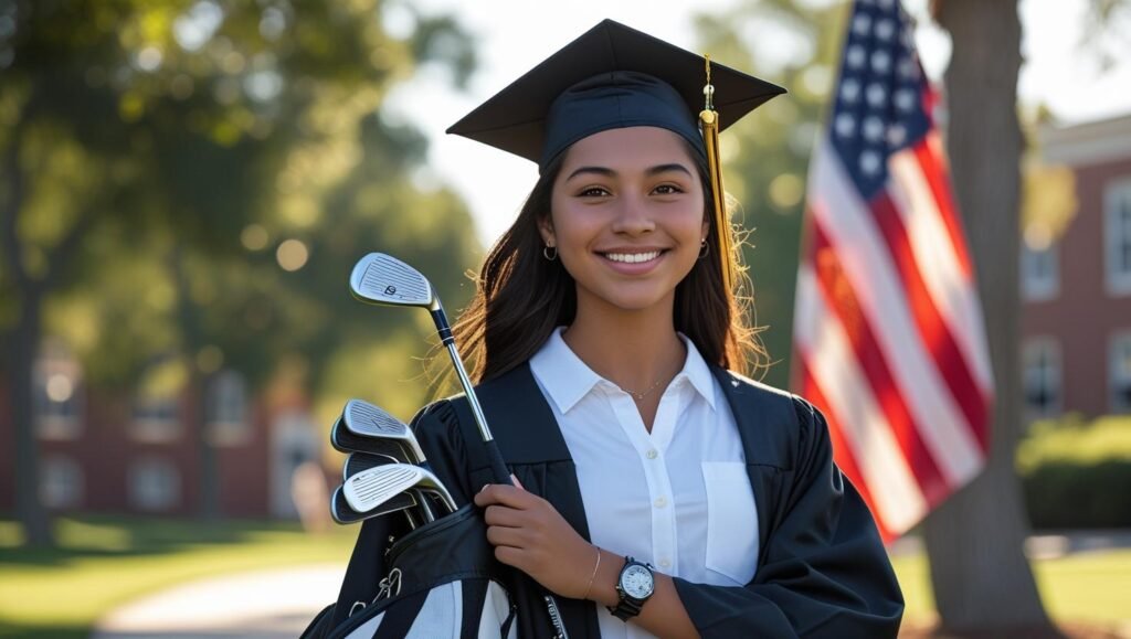 Female college graduate in cap and gown holding a golf bag with American flag in the background