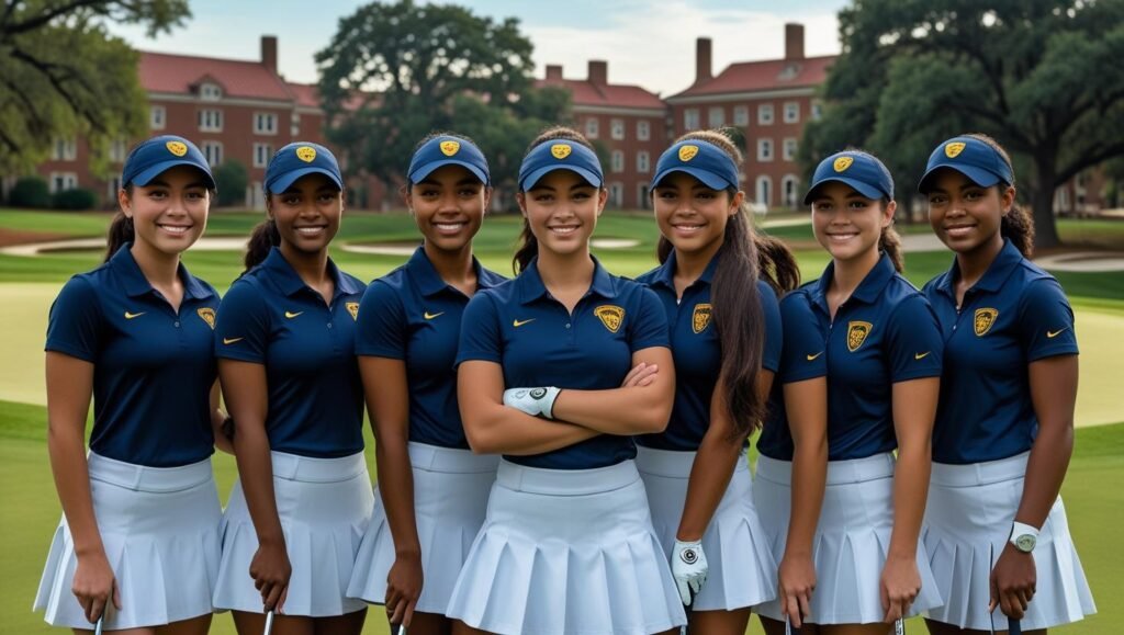Group of female college golfers in navy blue uniforms posing together on the campus golf course with college buildings in the background