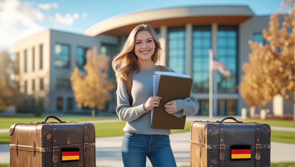 Smiling German student with suitcases and documents standing on an American college campus with US flag in the background