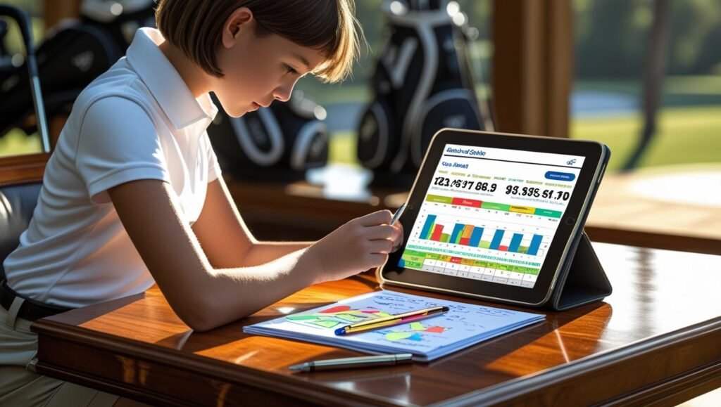 A teenage girl golfer reviewing golf statistics on a tablet with a scorecard beside her, symbolizing round analysis and performance tracking for college recruiting.