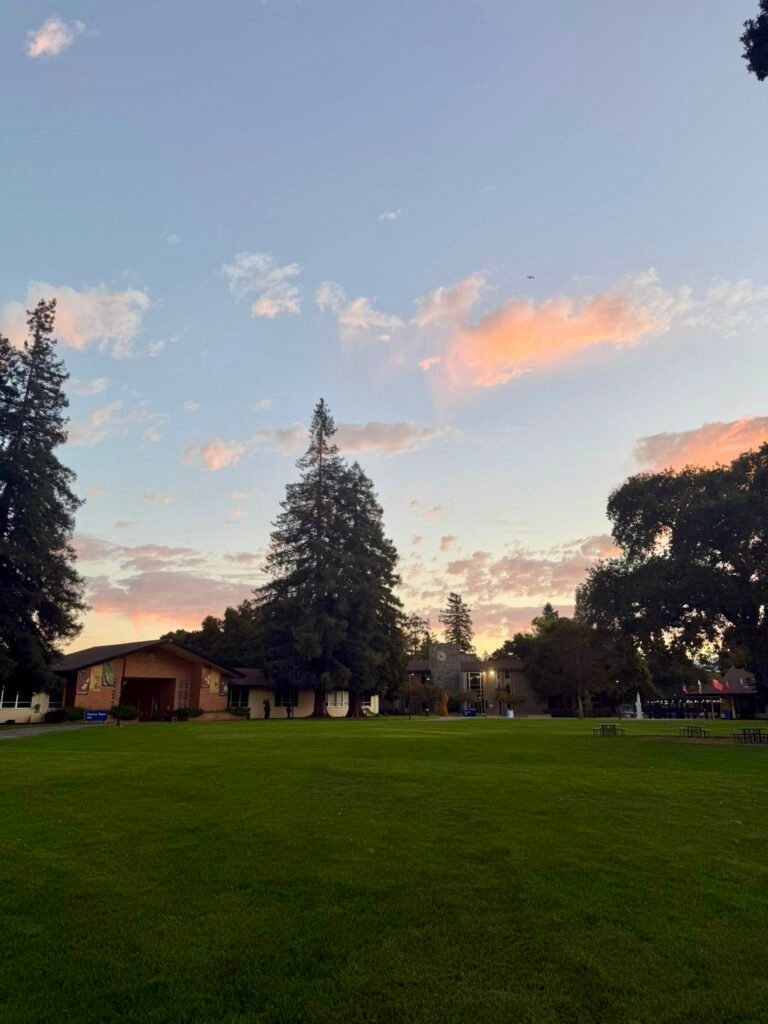 College campus at sunset with trees, green lawn, and colorful evening sky.