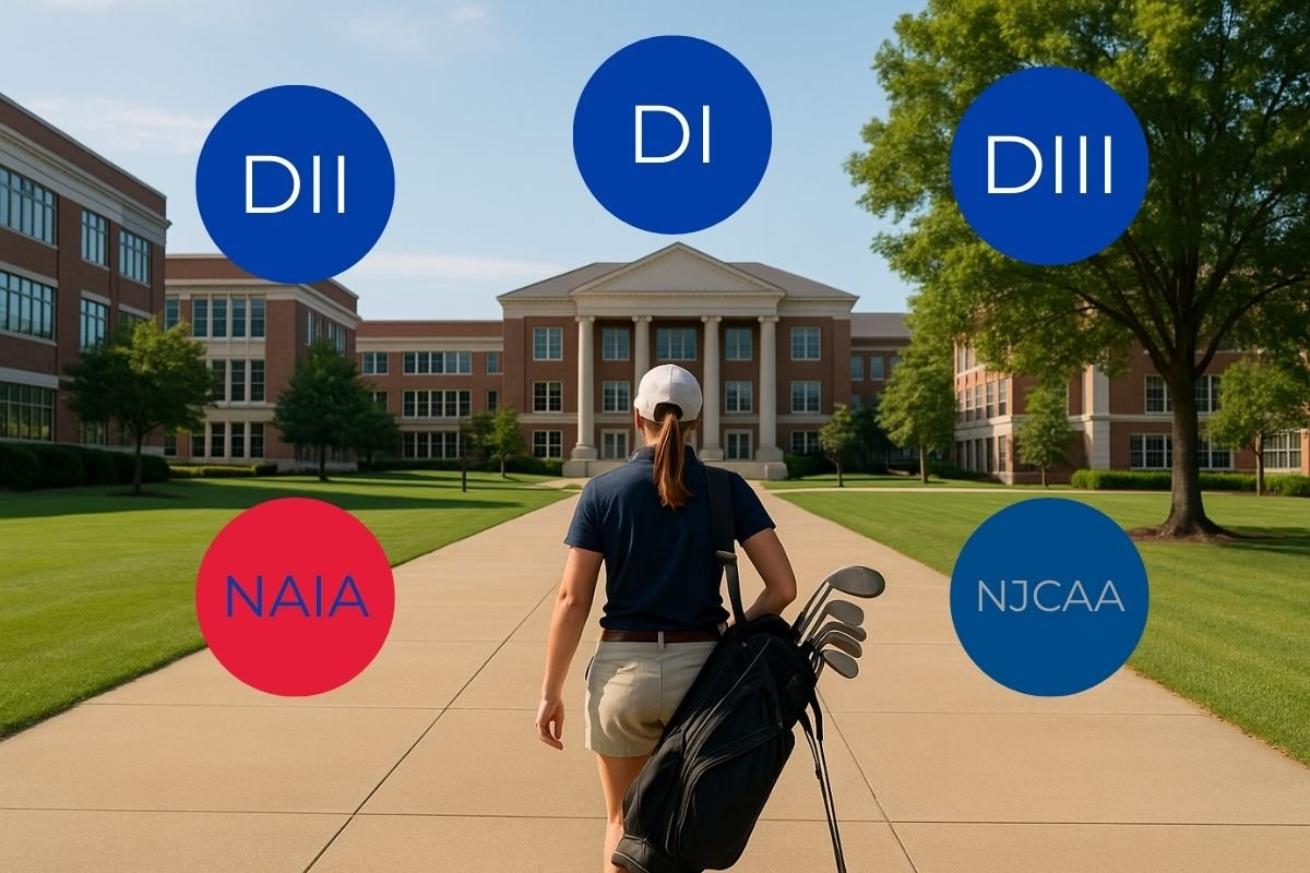 Young female golfer walking across a U.S. college campus with golf bag, showing NCAA divisions DI, DII, DIII, NAIA, and NJCAA.