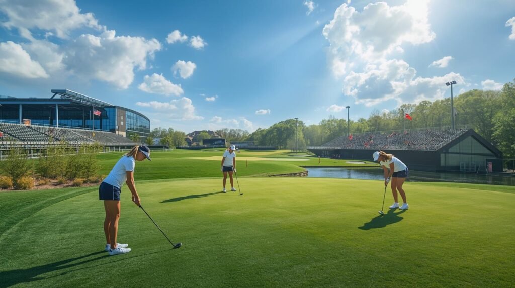 Three female college golfers practicing putting on a green at a U.S. campus golf facility, with modern clubhouse and stands in the background.