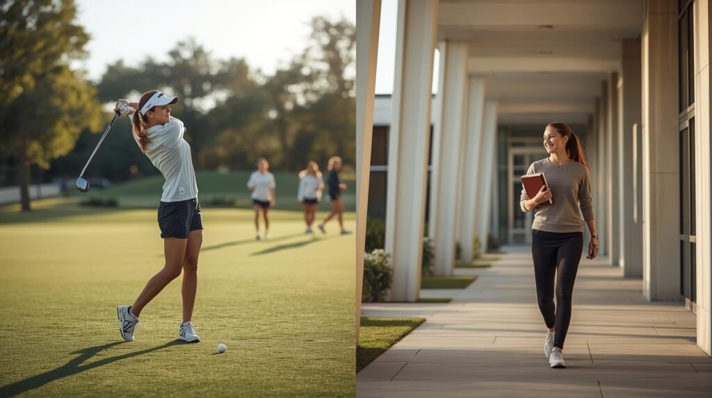 Split image of a female college golfer hitting a drive on the course and a student walking on campus with a book, symbolizing balance between sports and academics.