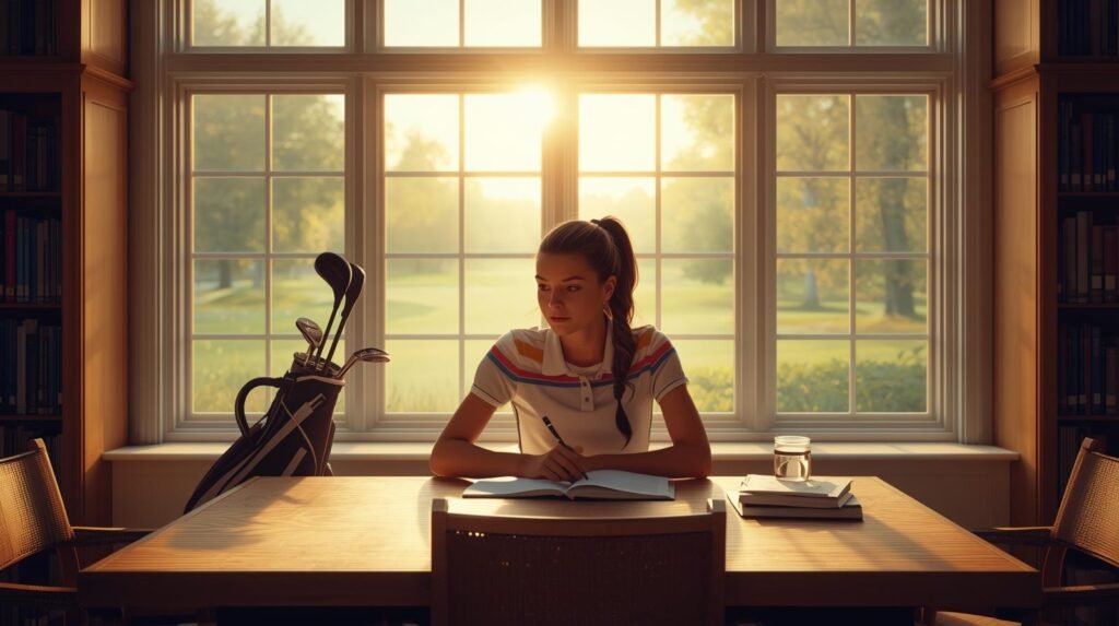 Female college golfer studying in a library with golf bag next to her, overlooking a golf course through large windows.