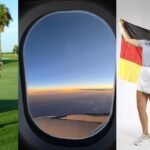 Collage showing Keira Wolf’s golf journey: young golfer on course, airplane travel, and proudly holding German flag as college athlete.