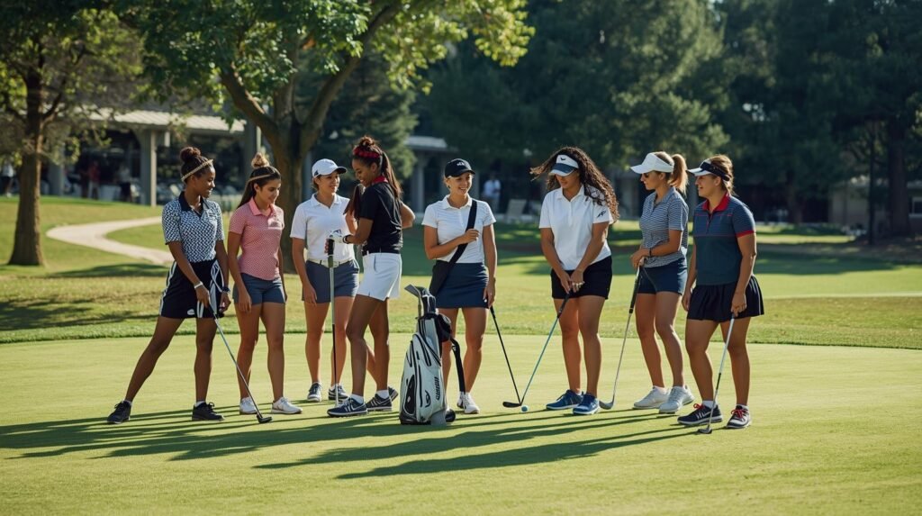 Group of female college golfers standing together on a putting green with golf clubs, representing teamwork in women’s college golf.
