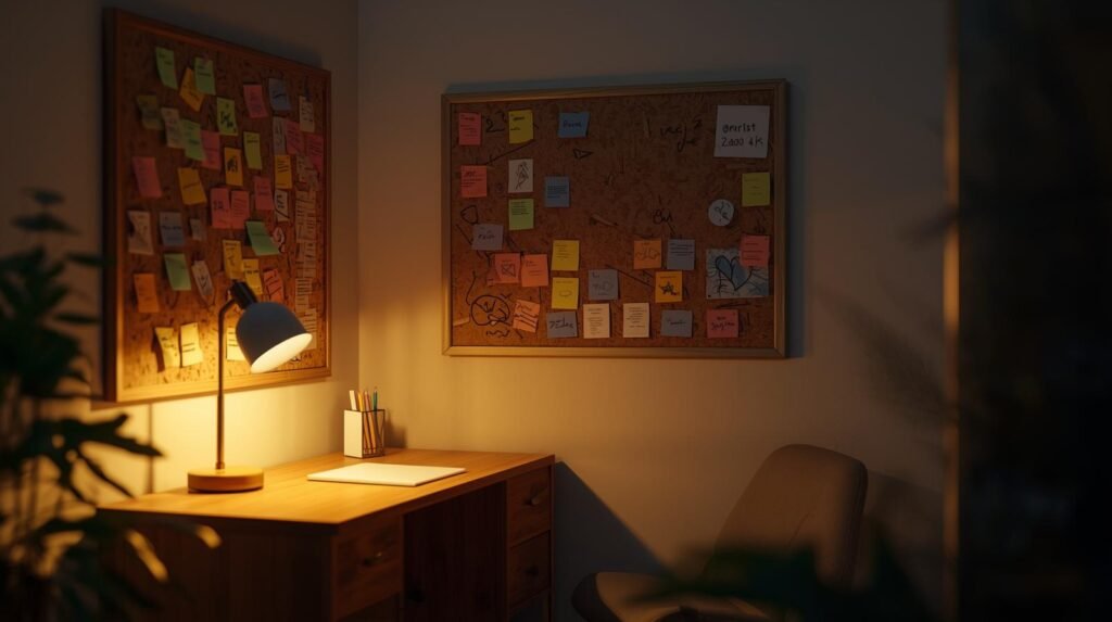 Cozy study desk with cork boards full of sticky notes, symbolizing planning and organization for college golf scholarships.