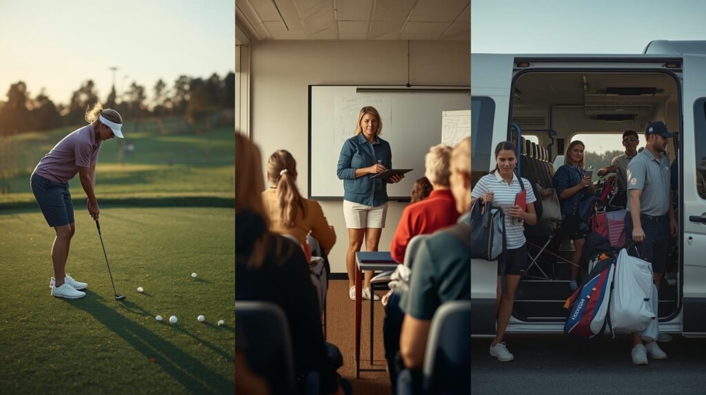Collage of college golf life: player practicing on the green, student in classroom, and team traveling together.