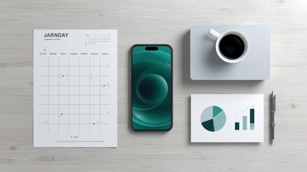 Flat lay with calendar, checklist, charts, and pen symbolizing the scholarship application process.