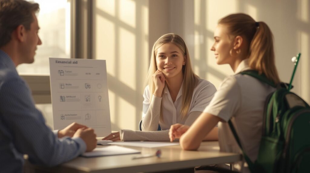 Two young female student-athletes discussing financial aid and scholarship options with an advisor, symbolizing the importance of planning college costs.