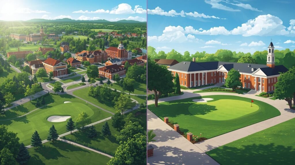 Aerial and ground view of a U.S. college campus with golf facilities, showing academic buildings and practice greens.