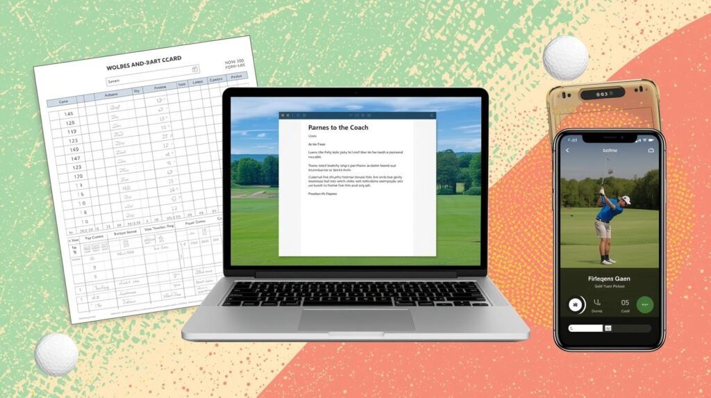 Laptop with email draft to a coach, golf scorecard, and phone showing a swing video – tools for a college golf recruiting profile.