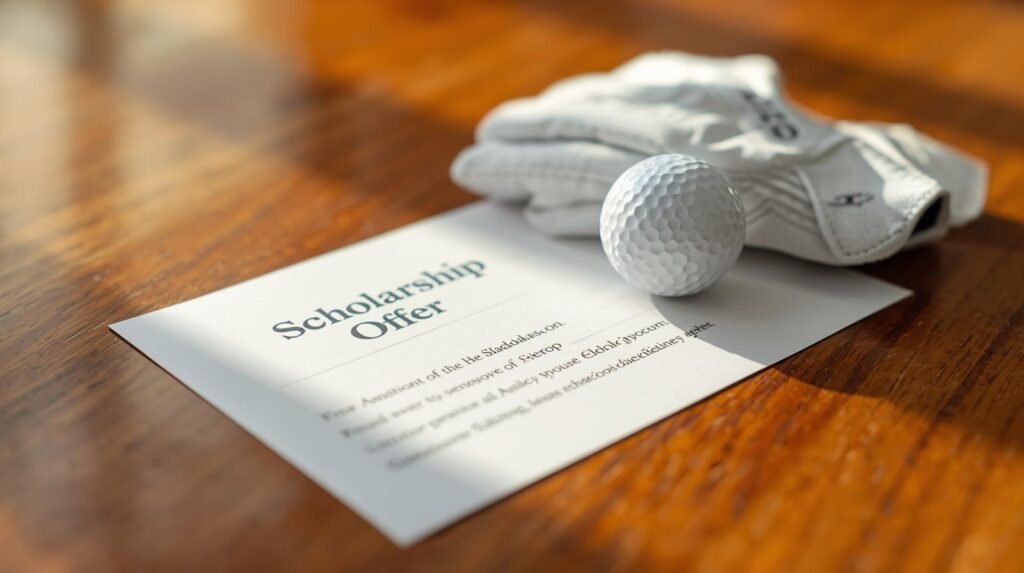 Scholarship offer letter with golf ball and glove on a wooden table – symbolizing a college golf commitment.