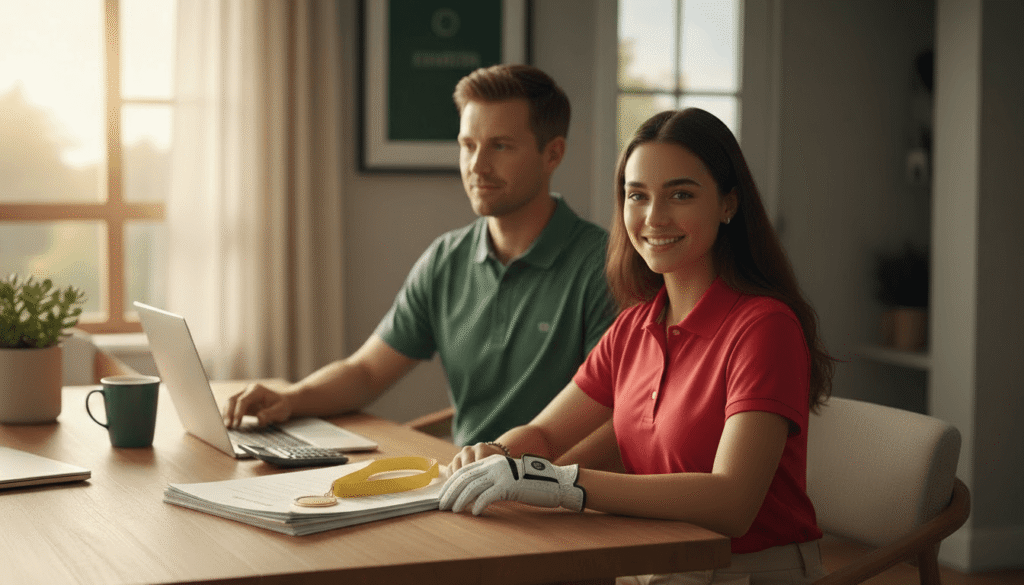 Young female golfer with her parent reviewing college golf scholarship documents and financial plans at a desk, symbolizing preparation and family support.