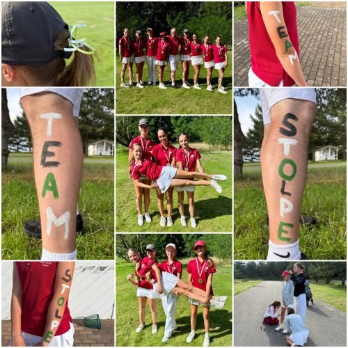 A collage of images featuring the Team Stolpe junior golf team. The players celebrate their success with medals, painted arms reading "TEAM STOLPE," and fun group photos. The collection highlights team spirit, camaraderie, and the positive energy of junior golf.